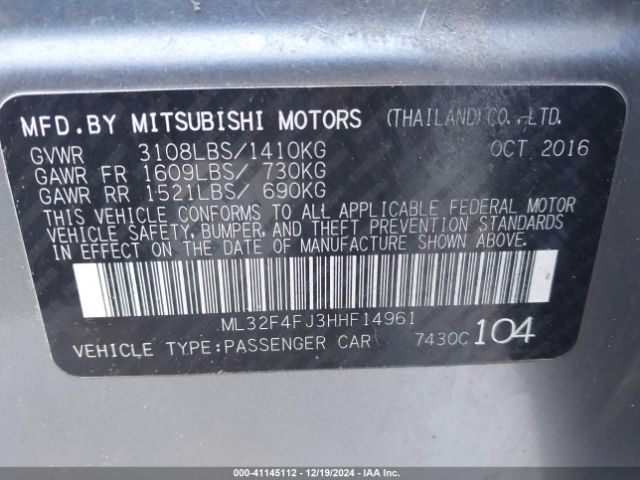 ML32F4FJ3HHF14961 Mitsubishi Mirage G4 Se