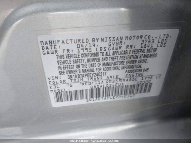 3N1AB7AP6EY240317 Nissan Sentra Fe+ S/fe+ Sv/s/sl/sr/sv