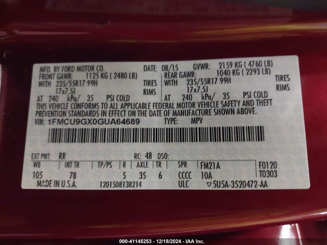 Ford ESCAPE SE 2016 1FMCU9GX0GUA64689 Image 9