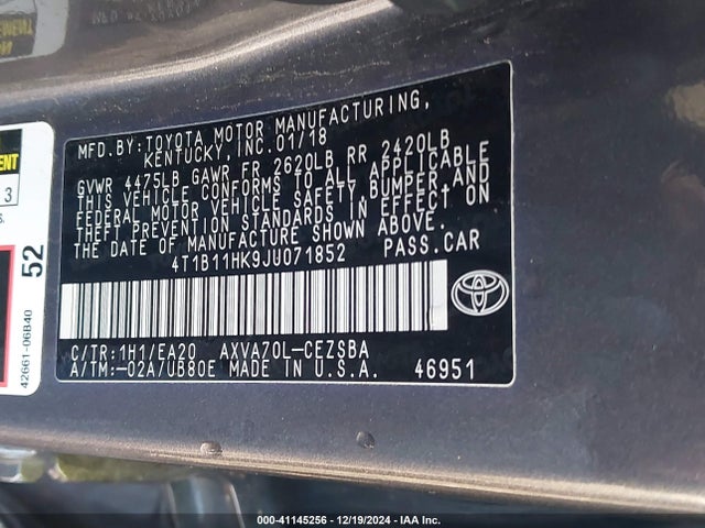 4T1B11HK9JU071852 Toyota CAMRY SE