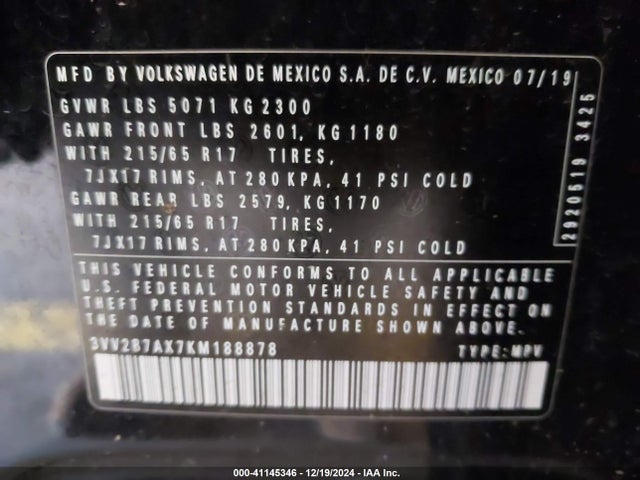 3VV2B7AX7KM188878 Volkswagen Tiguan 2.0t Se/2.0t Sel/2.0t Sel R-line/2.0t Sel R-line Black