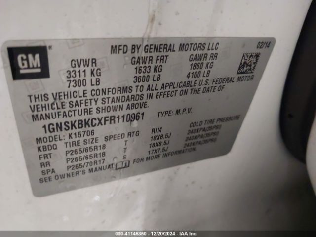 1GNSKBKCXFR110961 Chevrolet Tahoe Lt