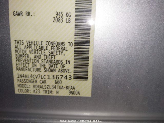 1N4AL4CV7LC136743 Nissan Altima Sr Vc-turbo Fwd