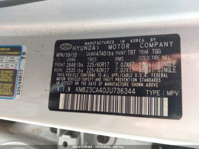 KM8J3CA40JU736344 Hyundai TUCSON SEL