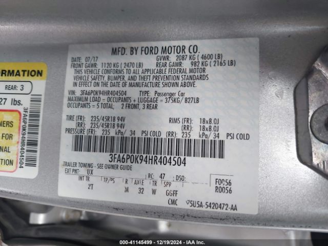 3FA6P0K94HR404504 Ford Fusion Titanium