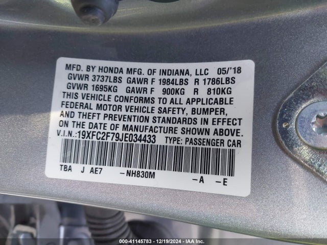 Honda CIVIC EX 2018 19XFC2F79JE034433 Image 9