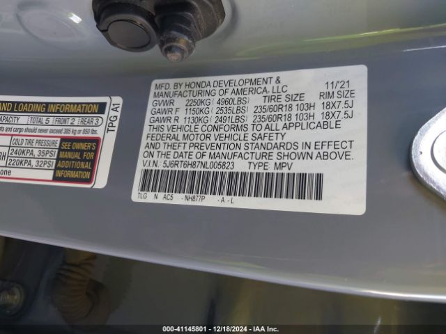 5J6RT6H87NL005823 Honda Cr-v Hybrid Ex-l