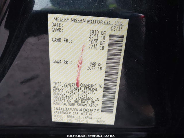 Nissan Altima 2.5 S 2015 1N4AL3AP2FN400975 Image 9