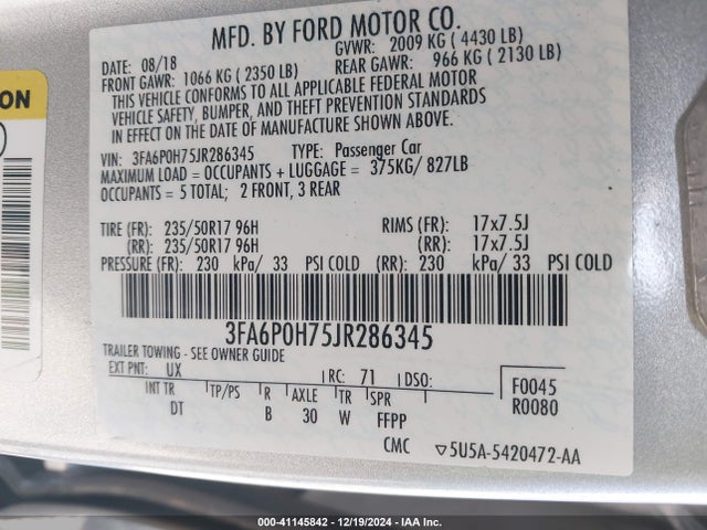Ford FUSION SE 2018 3FA6P0H75JR286345 Image 9