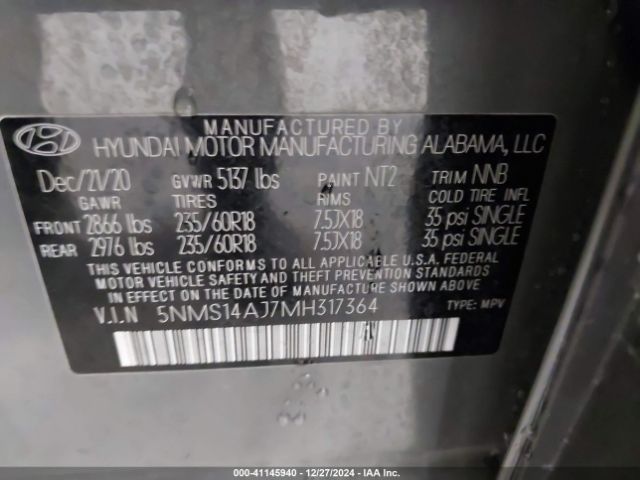 5NMS14AJ7MH317364 Hyundai Santa Fe Se
