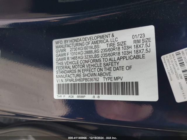 5FNRL6H60PB036762 Honda Odyssey Ex-l