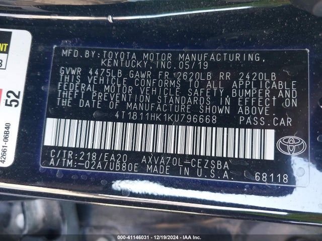 Toyota CAMRY SE 2019 4T1B11HK1KU796668 Image 9