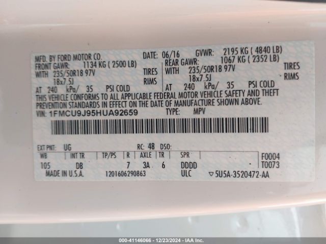 1FMCU9J95HUA92659 Ford Escape Titanium