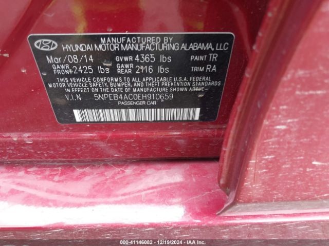 5NPEB4AC0EH910659 Hyundai SONATA GLS