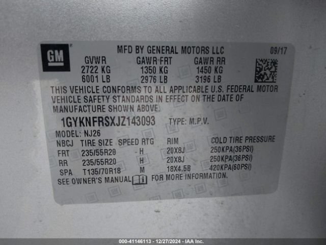 1GYKNFRSXJZ143093 Cadillac Xt5 Premium Luxury