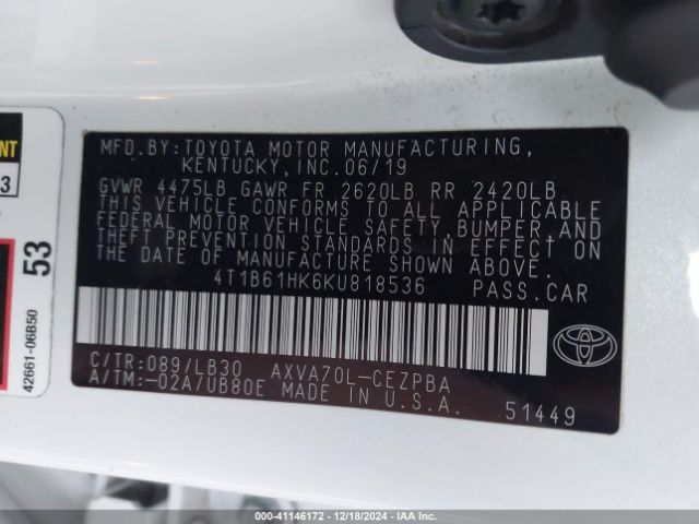 4T1B61HK6KU818536 Toyota CAMRY XSE