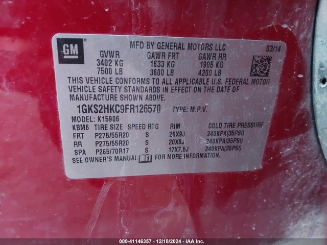 1GKS2HKC9FR126570 GMC Yukon Xl 1500 Slt
