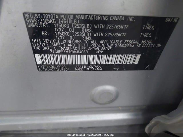 2T3RFREV1GW484068 Toyota Rav4 Xle