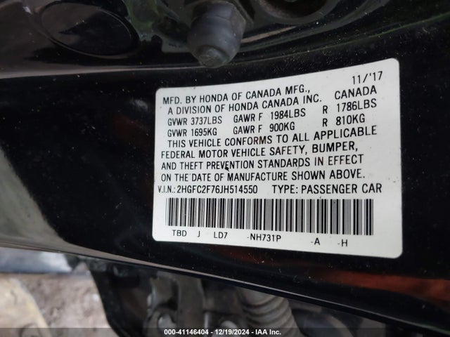 Honda CIVIC EX 2018 2HGFC2F76JH514550 Image 9