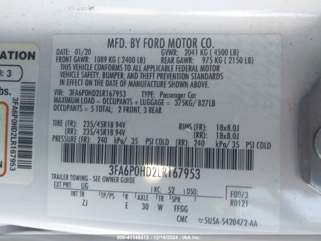 Ford FUSION SE 2020 3FA6P0HD2LR167953 Image 9