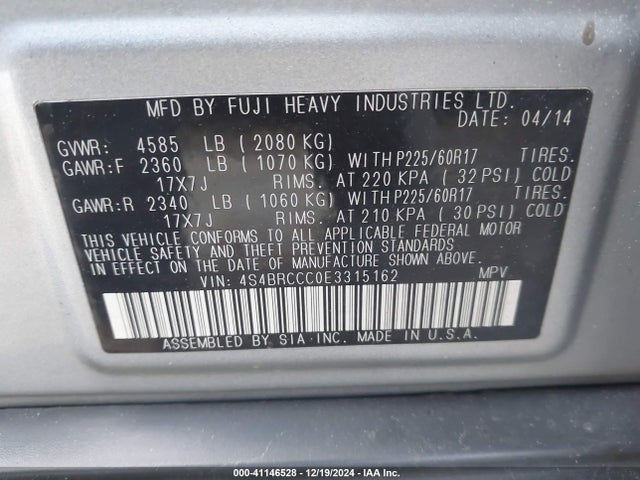 Subaru Outback 2.5i Premium 2014 4S4BRCCC0E3315162 Image 9