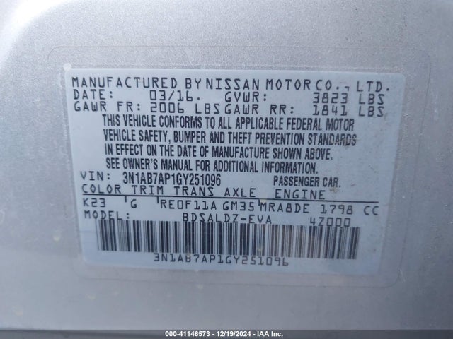 Nissan SENTRA SV 2016 3N1AB7AP1GY251096 Image 9