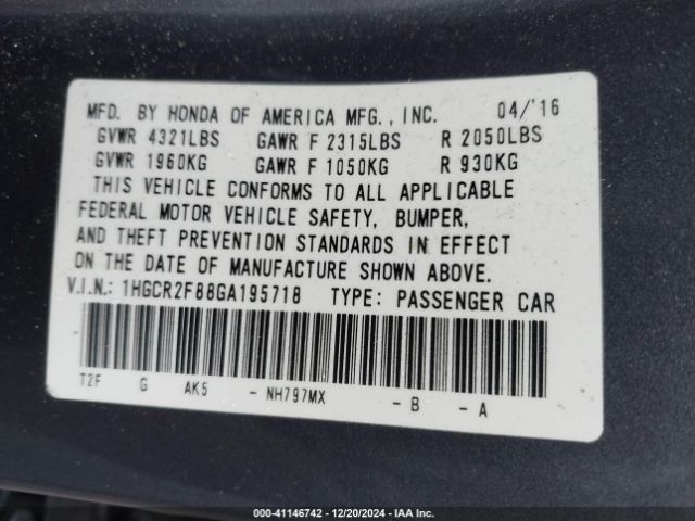 1HGCR2F88GA195718 Honda Accord Ex-l