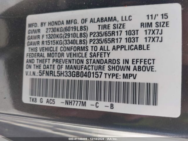 5FNRL5H33GB040157 Honda ODYSSEY SE