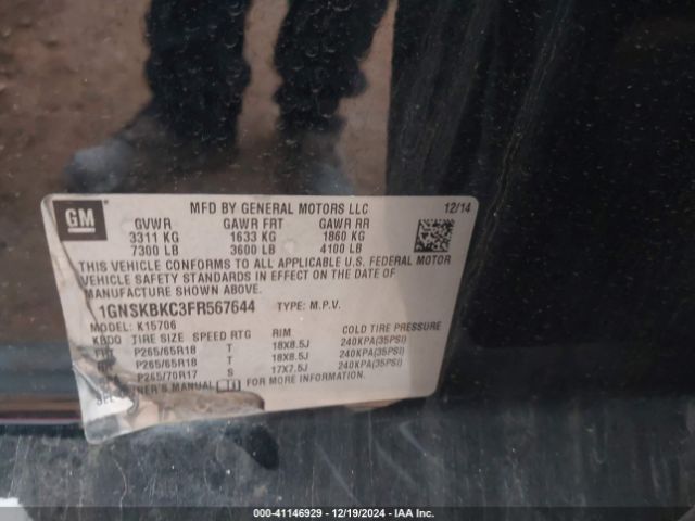 1GNSKBKC3FR567644 Chevrolet Tahoe Lt