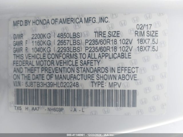5J8TB3H39HL020248 Acura Rdx Base (a6)/w/acurawatch Plus Package