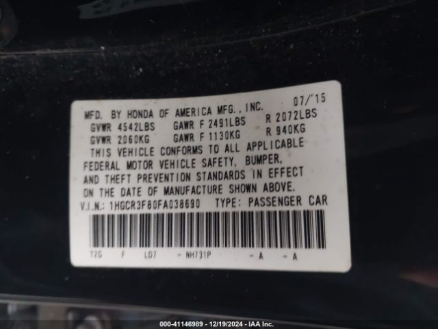 1HGCR3F80FA038690 Honda Accord Ex-l V-6