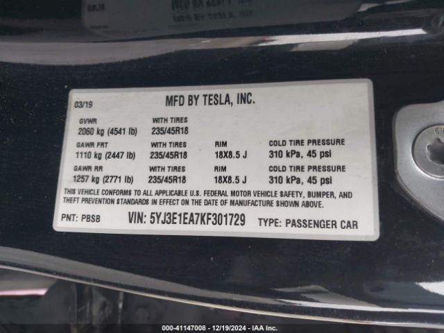 5YJ3E1EA7KF301729 Tesla Model 3 Long Range/mid Range/standard Range/standard Range Plus