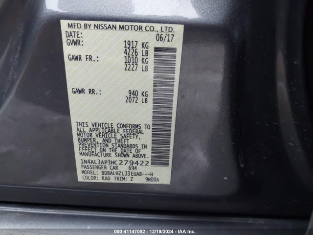 Nissan Altima 2.5 Sr 2017 1N4AL3AP3HC279422 Image 9
