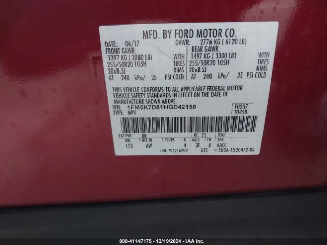 1FM5K7D81HGD42158 Ford EXPLORER XLT