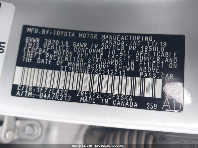 2T1BURHE7KC212713 Toyota Corolla Xse