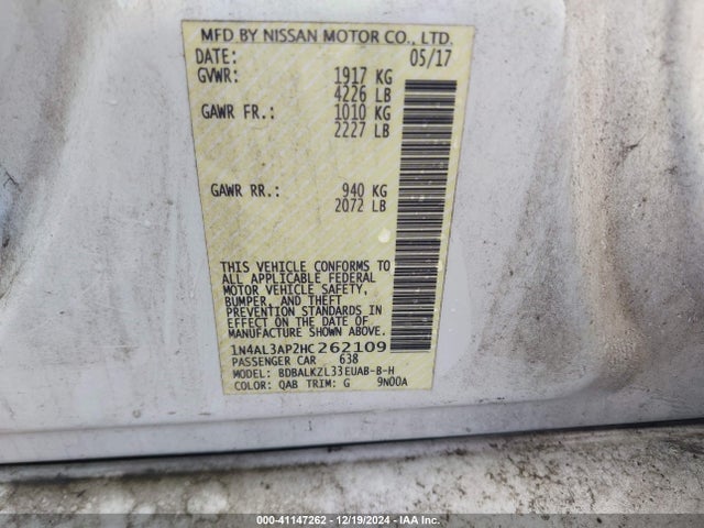1N4AL3AP2HC262109 Nissan Altima 2.5 Sv