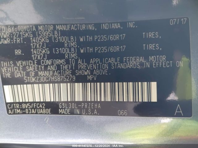 5TDKZ3DC7HS875279 Toyota Sienna Le 8 Passenger