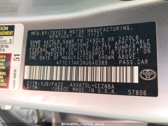 Toyota CAMRY LE 2022 4T1C11AK3NU640389 Image 9
