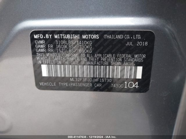 ML32F3FJ0JHF15730 Mitsubishi Mirage G4 Es
