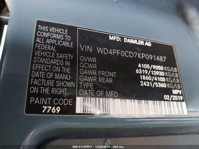 WD4PF0CD7KP091487 Mercedes-Benz Sprinter 2500 High Roof V6/standard Roof V6
