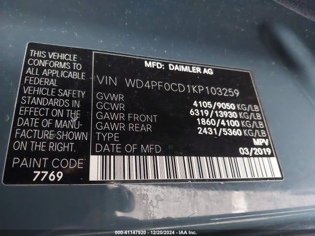 WD4PF0CD1KP103259 Mercedes-Benz Sprinter 2500 High Roof V6/standard Roof V6