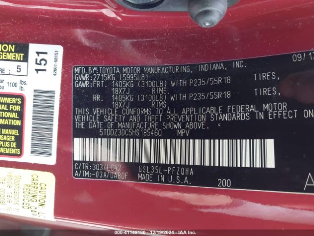 5TDDZ3DC5HS185460 Toyota Sienna Xle 7 Passenger