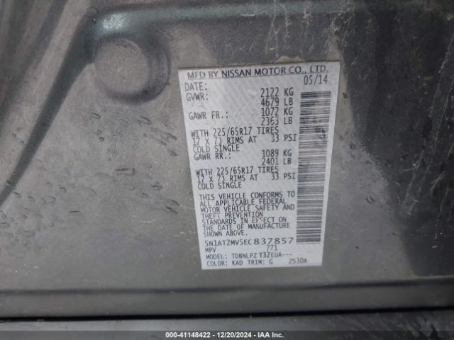 5N1AT2MV5EC837857 Nissan Rogue S/sl/sv