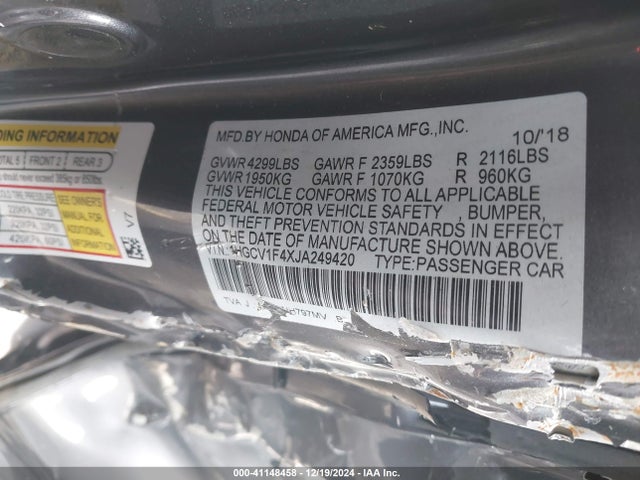 Honda ACCORD EX 2018 1HGCV1F4XJA249420 Image 9