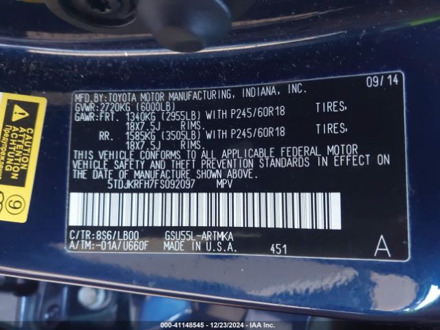 5TDJKRFH7FS092097 Toyota Highlander Xle V6