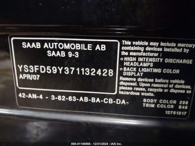 2007 SAAB 9-3 YS3FD59Y371132428 Photo 8