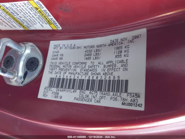 2008 MITSUBISHI ECLIPSE 4A3AK34T78E032895 Photo 8