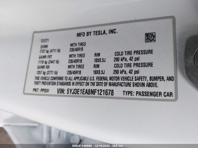 2022 TESLA MODEL 3 5YJ3E1EA8NF121678 Photo 8