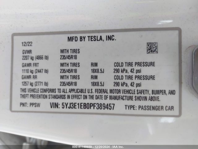 5YJ3E1EB0PF389457 Tesla Model 3 Long Range Dual Motor All-wheel Drive