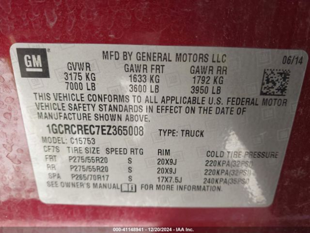 1GCRCREC7EZ365008 Chevrolet Silverado 1500 1lt